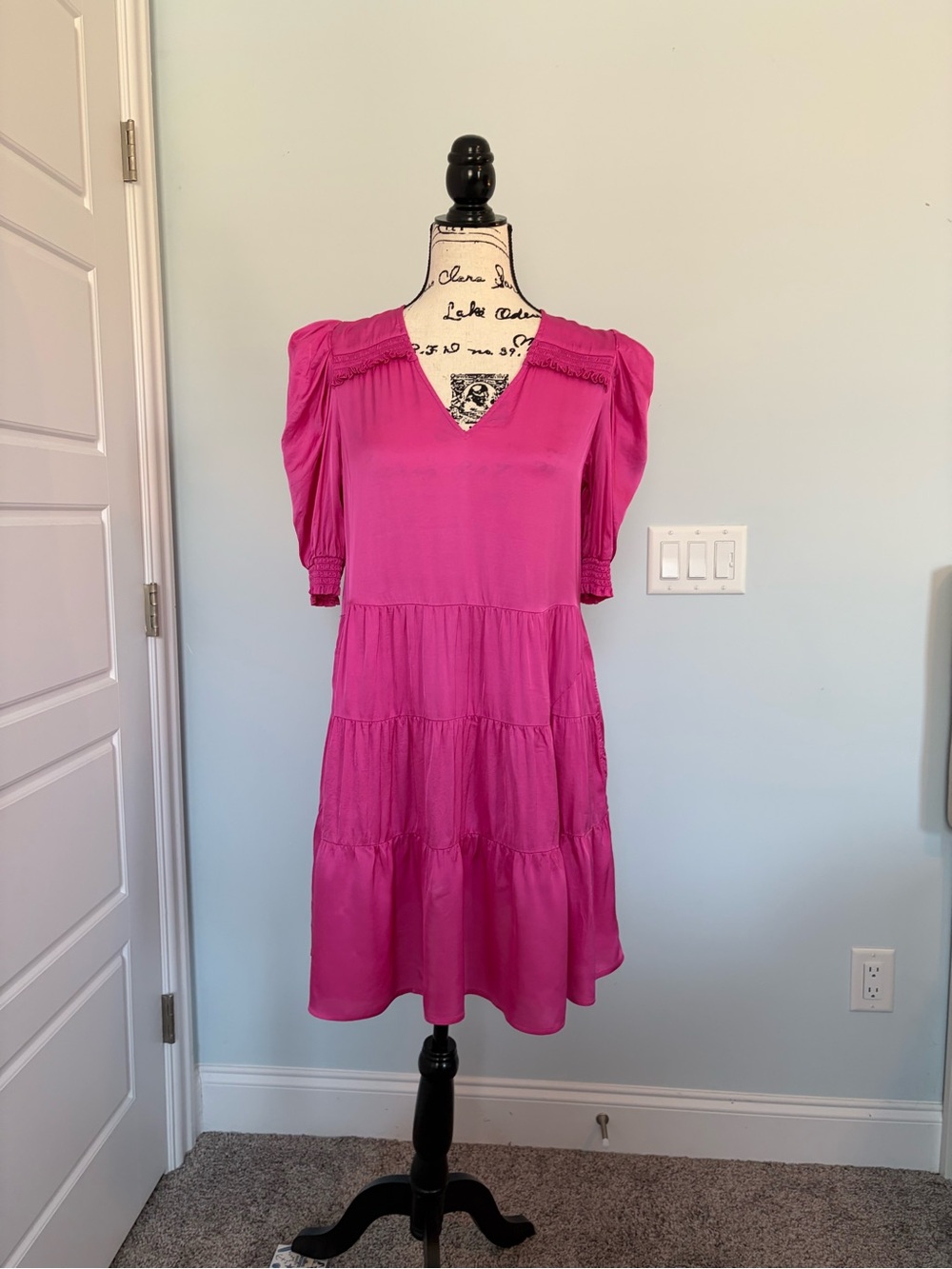 Hale Bob Bright Pink Tiered V-Neck Dress